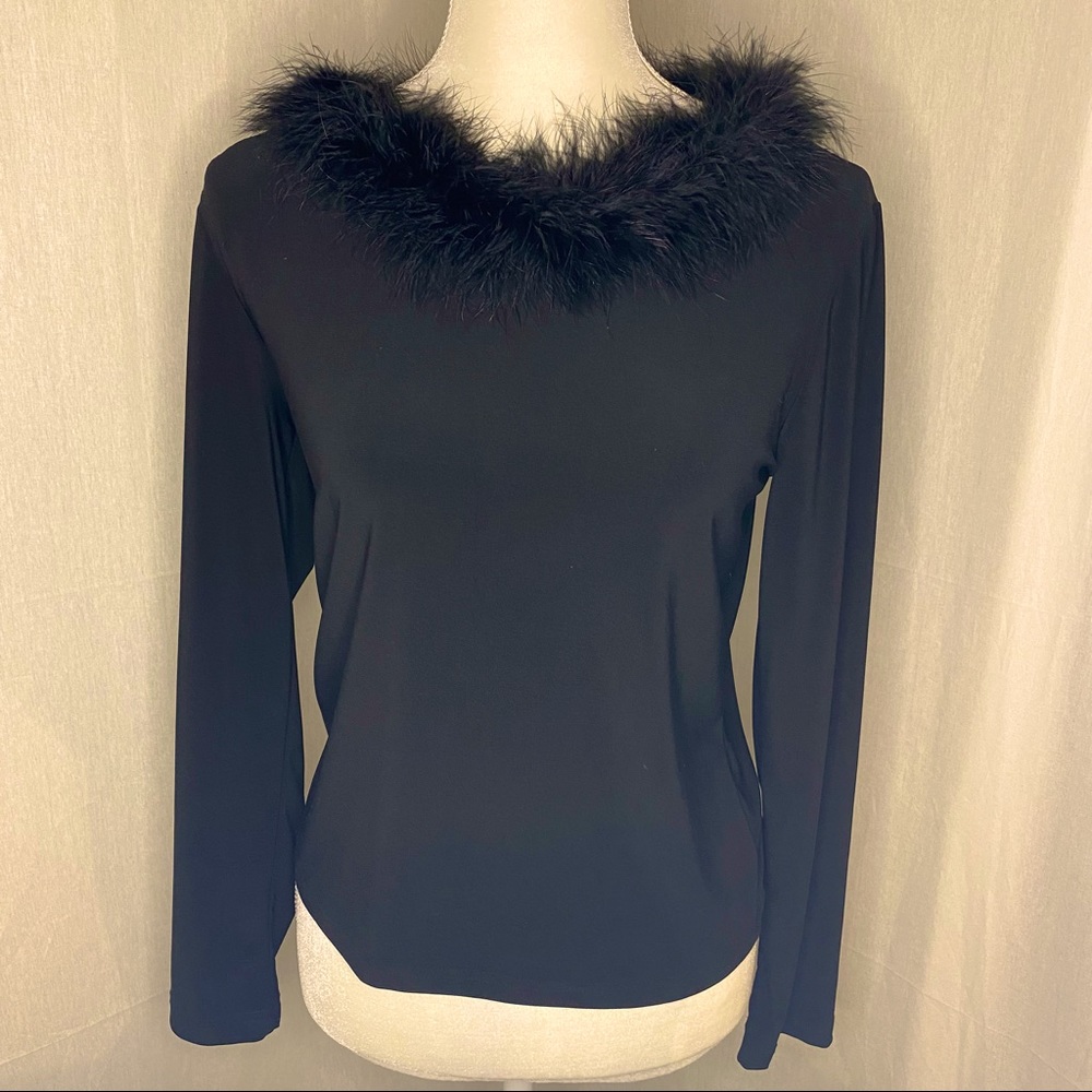 Claudia Richard Fur Trimmed Boat Neck Blouse Size Small